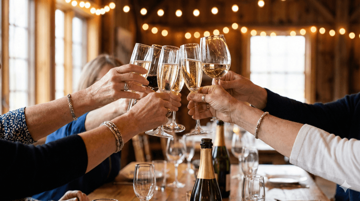 Friends toasting at a dinner table — SophieConnects small group dinner event